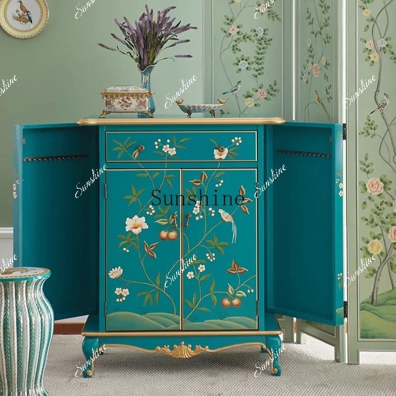 French Chinese style painted storage integrated wall entrance high-grade solid wood locker  FT