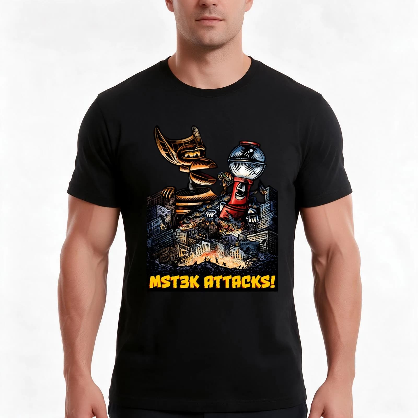 MST3K Attacks T-Shirt, Summer Casual Cotton Tee, Oversized Streetwear Tops, Vintage Graphic Print, Loose Fit Short Sleeve