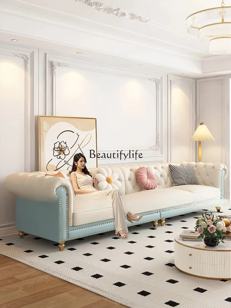 04French cream style leather sofa living room small apartment American light luxury retro sofa