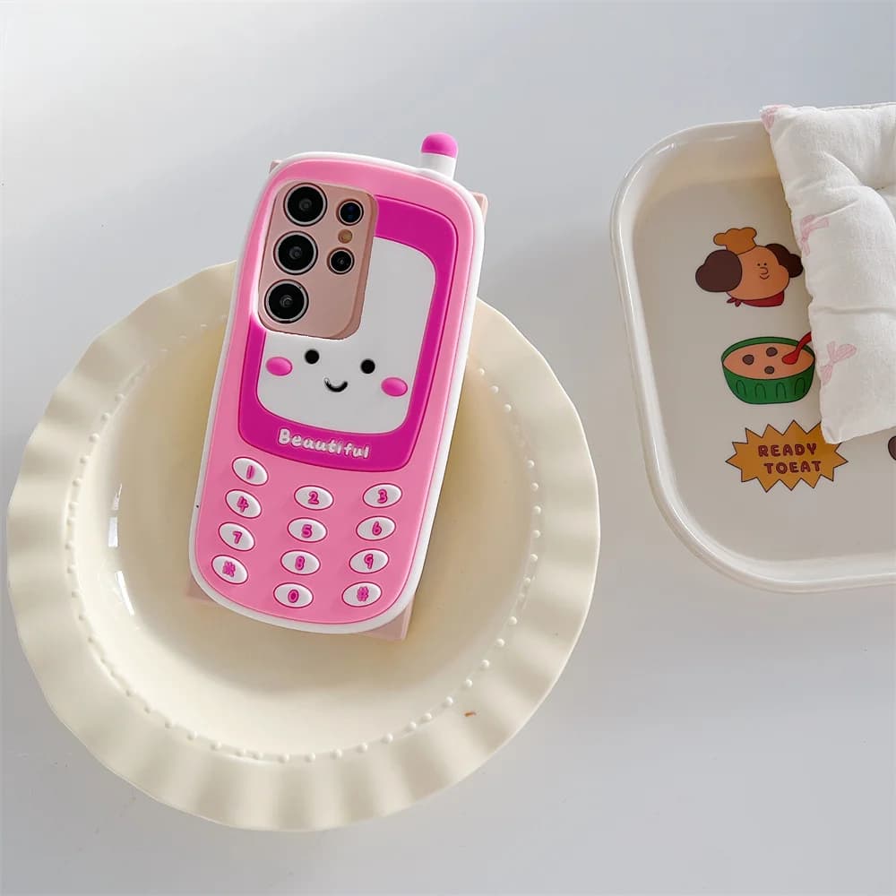 17 Pro Max Kawaii Sweet 3D Pink Retro Smiling Girly Mobile Phone Case for iPhone 16 15 14 13 Pro Soft Silicone Protective Cover