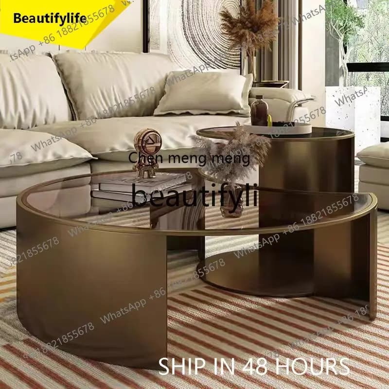 2003 Light Luxury Living Room Creative Designer Round Brown Glass Stainless Steel Combination Coffee Table