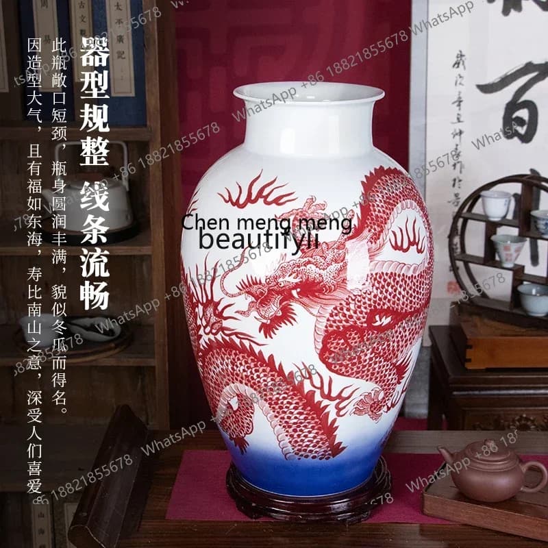 D178 Jingdezhen Ceramic Vase Hand Painted Dragon Pattern Large Porcelain Bottle Domestic Ornaments