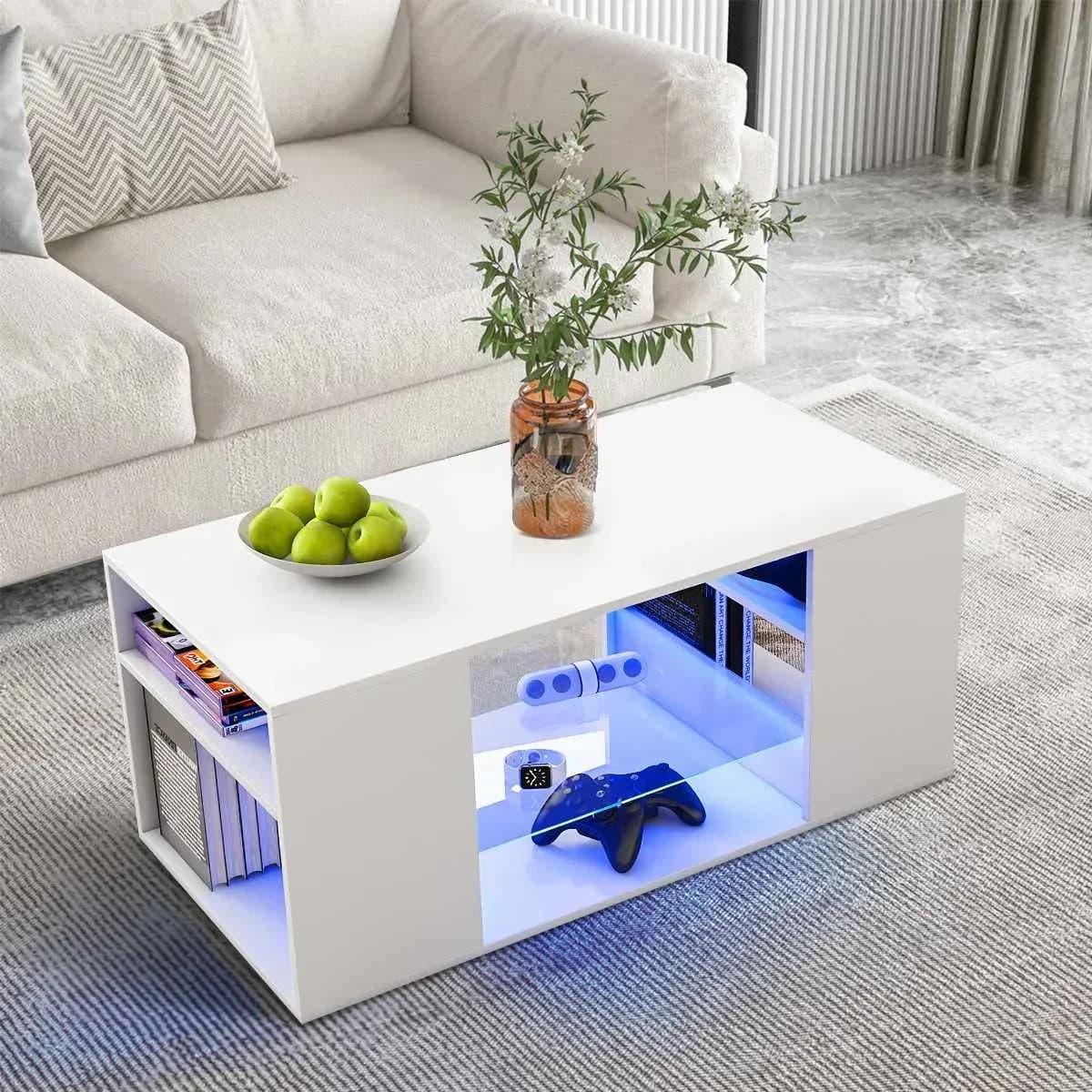 Hot sales LED Coffee Tables for Living Room Modern White Coffee Table with 3 Shelves