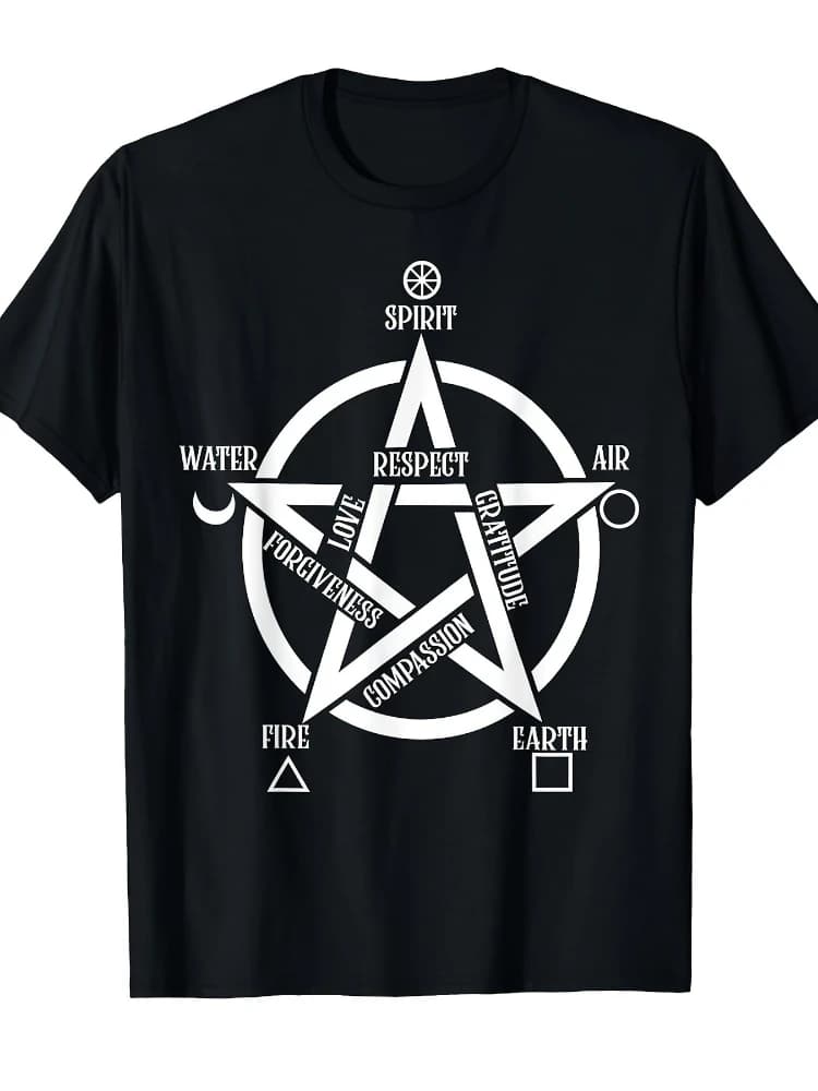 Spirit Water Fire Earth Air Elemental Pentagram Witch-Mystical Symbols Graphic-cotton O-neck short sleeve printed men's T-shirt.
