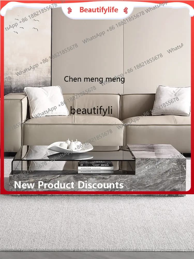 scn8617 Light Luxury Stone Plate Coffee Table Small Apartment Home Living Room Rectangular Venice Brown Coffee Table TV Cabinet