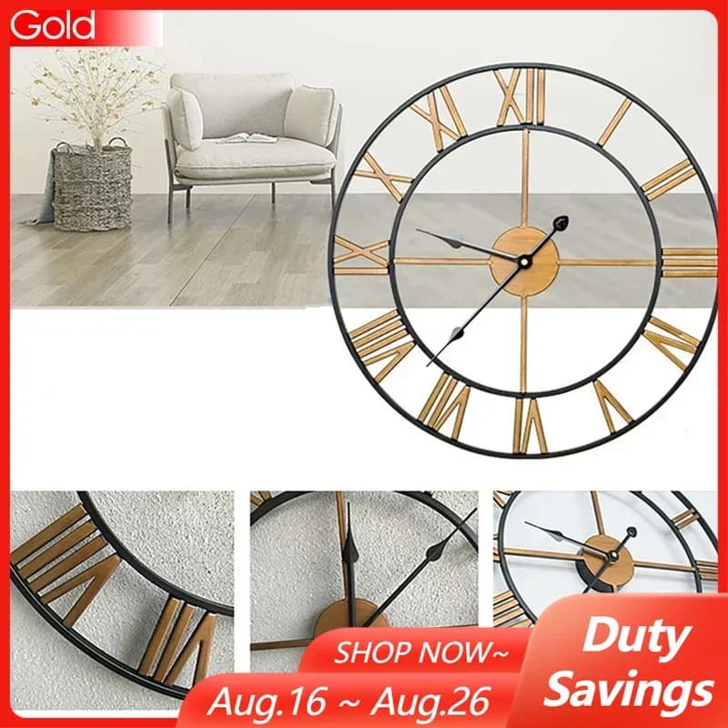 40/47/60/80cm 3D Large Wall Clock with Roman Numerals Art Hollow Round Wall Hanging Vintage Metal Clock for Living Room Home