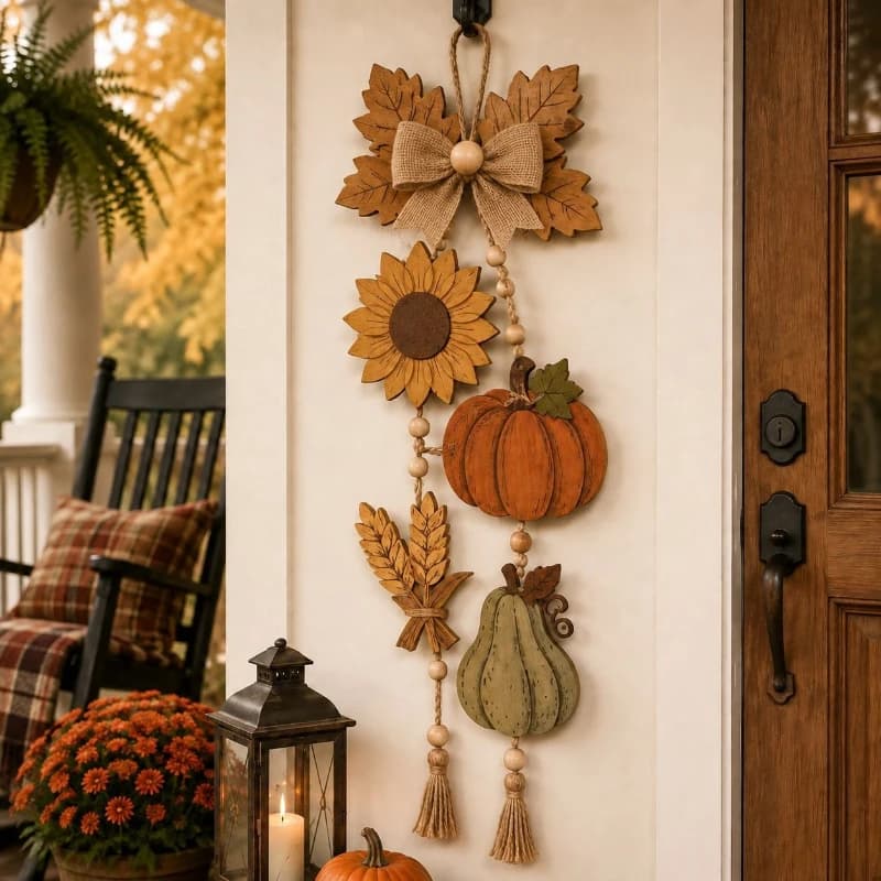 Fall Harvest Wooden Pendant – Pumpkin Sunflower Maple Door Decor with Burlap Bow Hanging Ornament