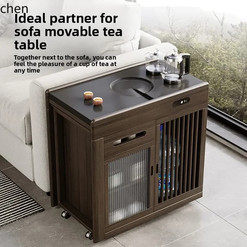 W5.19 Balcony Tea Table and Chair Set Solid Wood Tea Table Movable Extendable Small Apartment Tea Cart with Wheels for Home Use