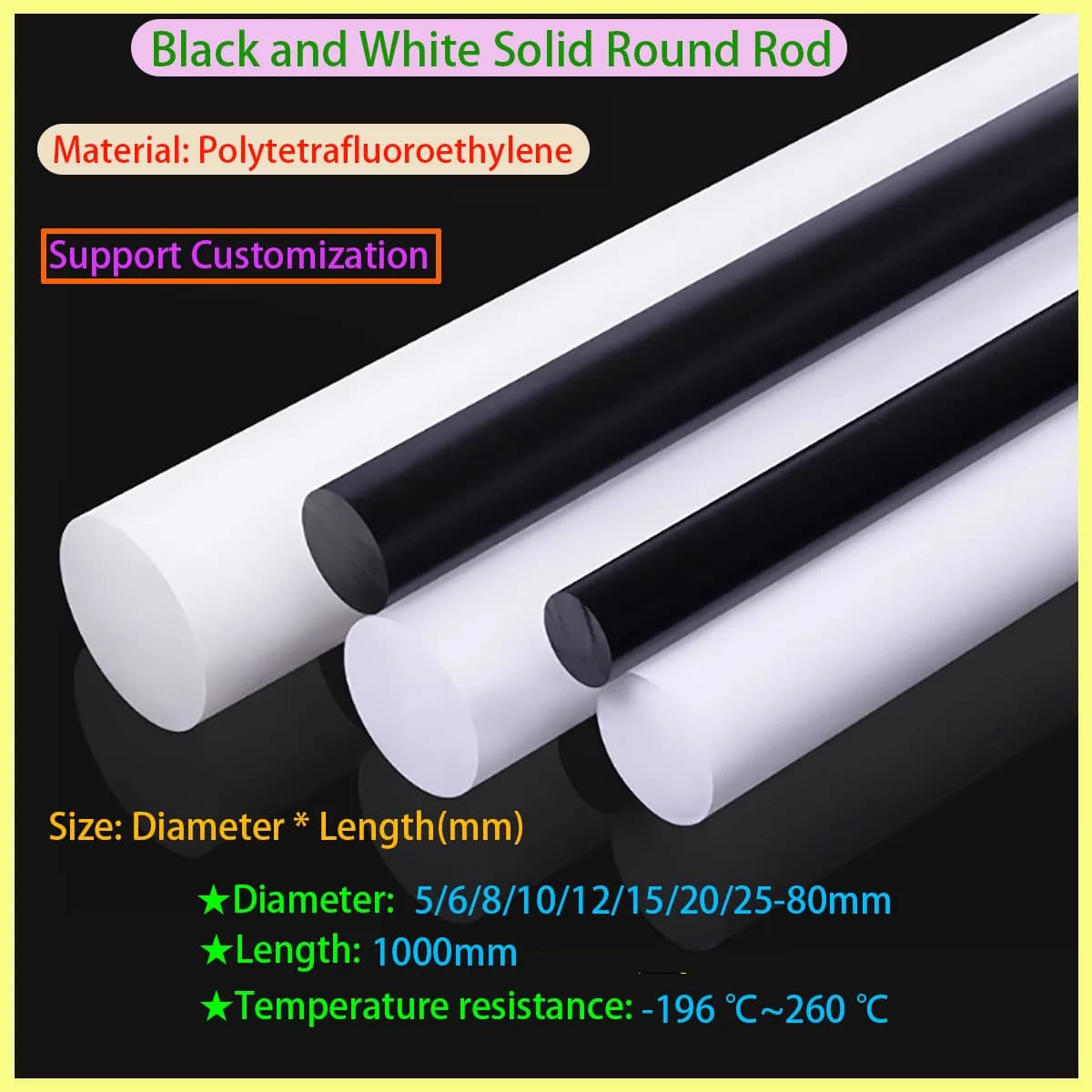 Diameter 5/6/8/10/12/15/20/25-80mm  Polytetrafluoroethylene (PTFE) Round Rod, PTFE Round Rod, Engineering Plastic Rod