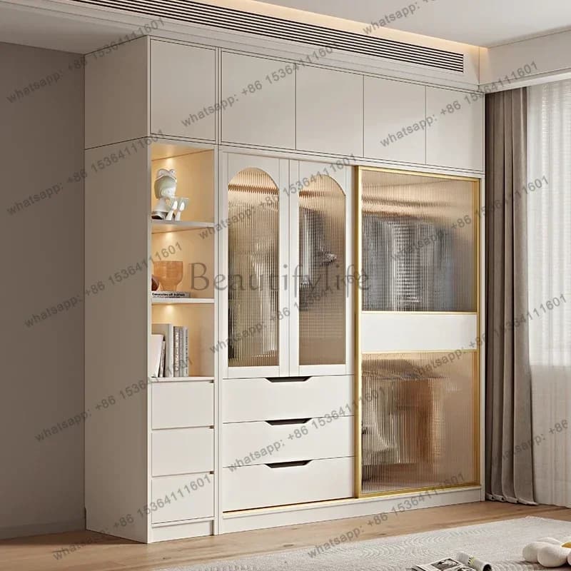 Factory Direct French Cream Wind Wardrobes Home Storage Closet Organizer Sliding Door Wardrobe Glass Comfortable Guarda Roupa Be