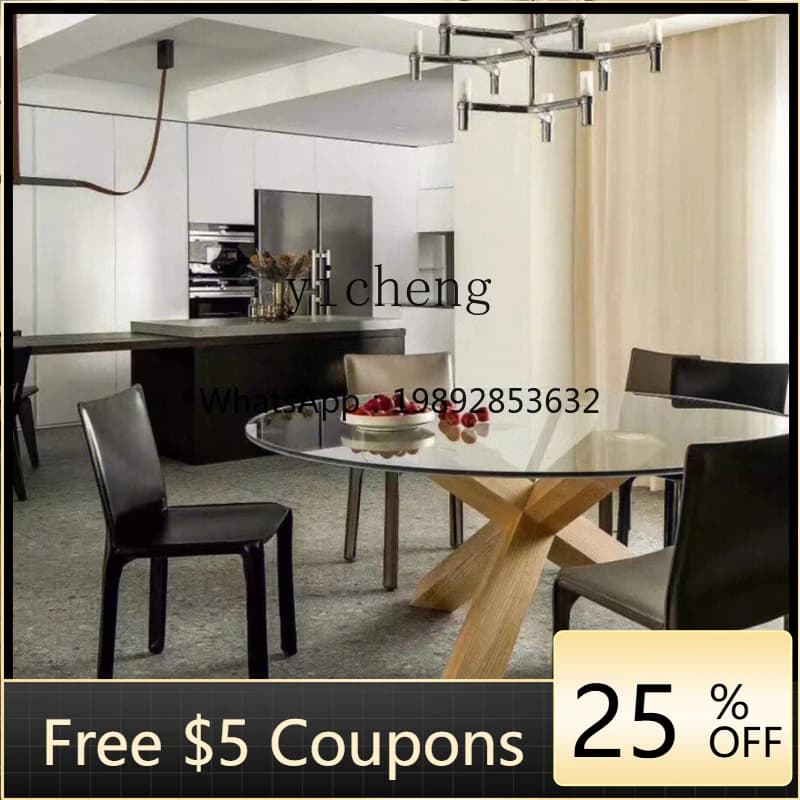 ZZ  minimalist ash wood base round dining table flat floor villa living room tempered glass coffee table