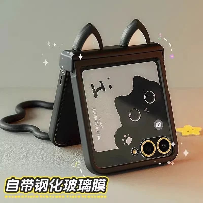For Samsung Galaxy Z Flip 7 zflip6 zflip5 Phone Case Cute 3d Cat Ear Black Hard PC Cover Screen Protector silicone handheld ﻿