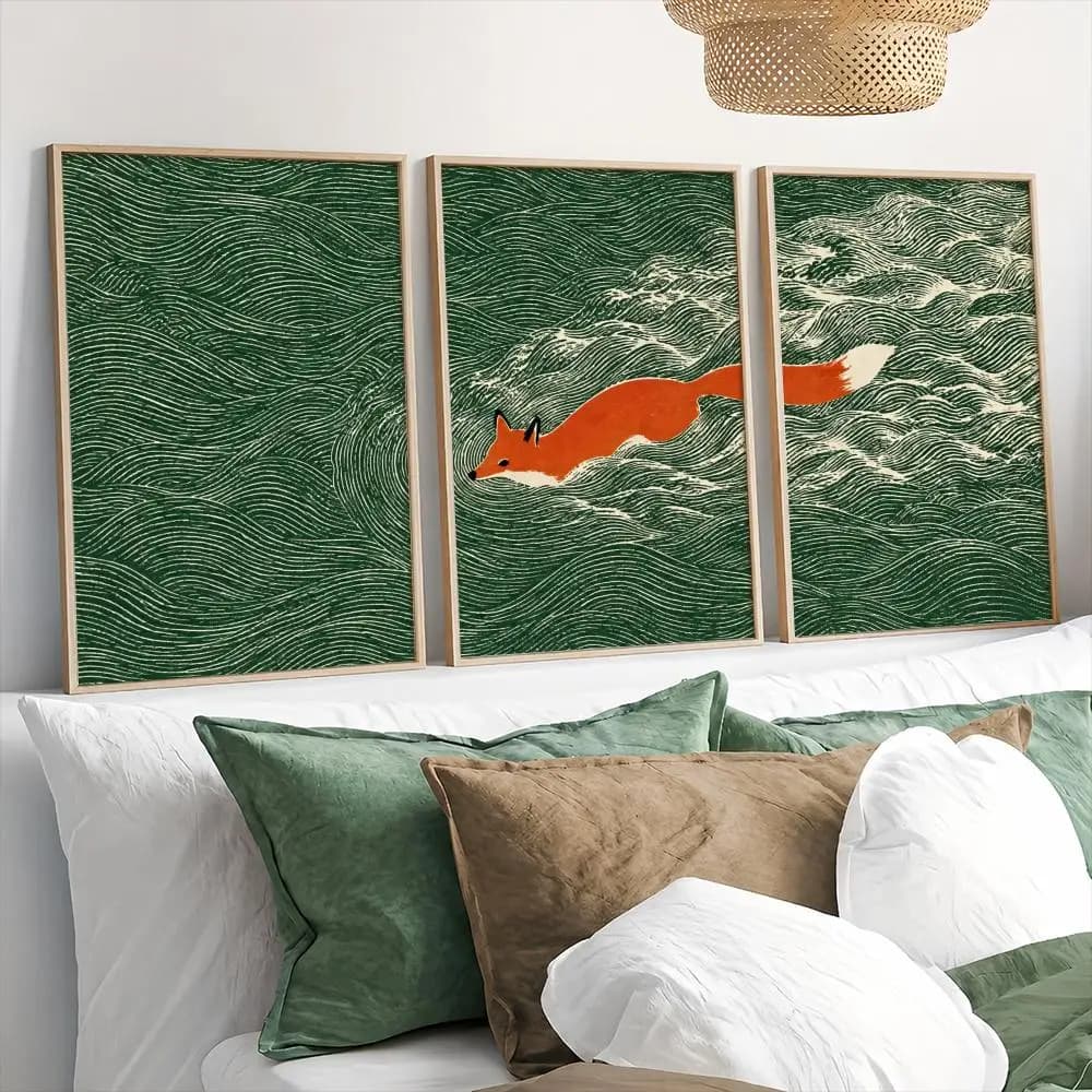 Vintage Japanese Fox Ocean Waves Painting Calligraphy 3 PCS Canvas Wall Art Prints for Living Room Decor Modern Wall Decals