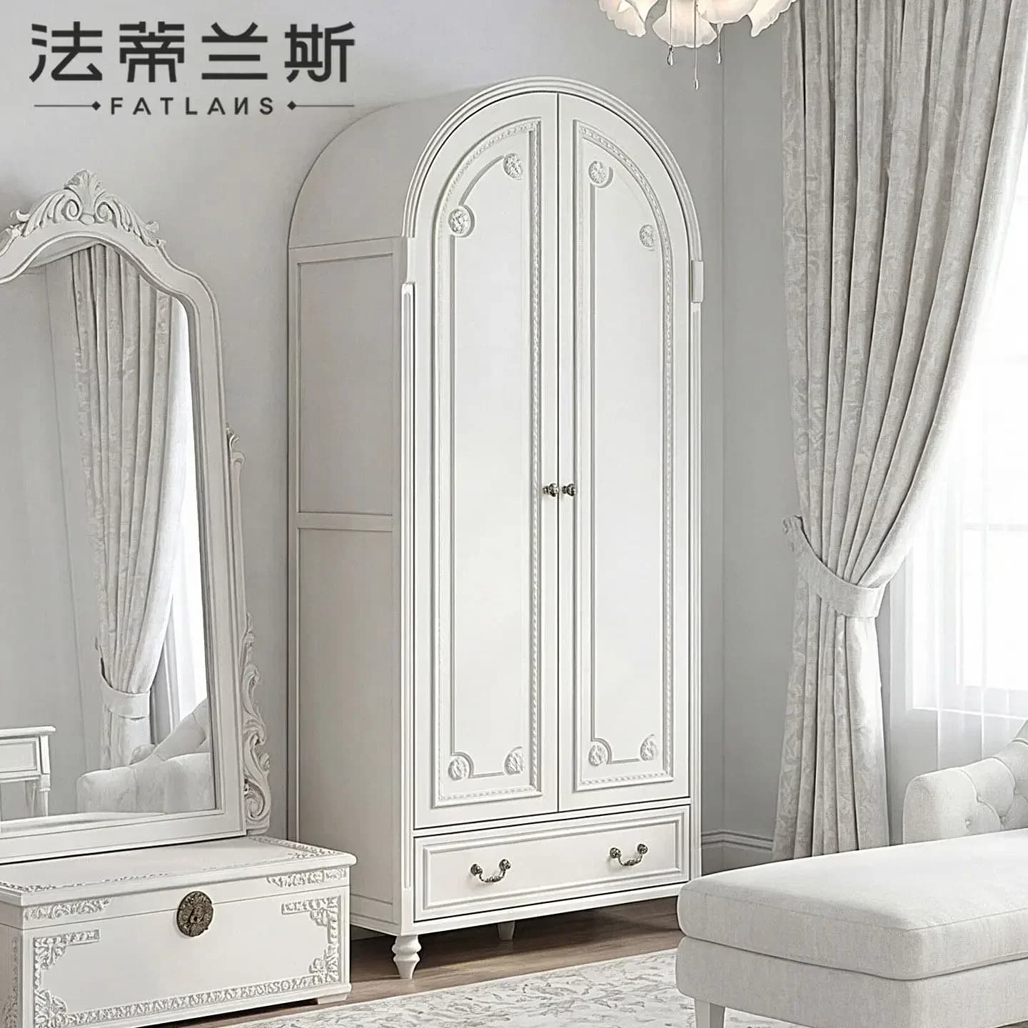-1 All Solid Wood French Cream Style European Small Apartment Bedroom WardrobeX8