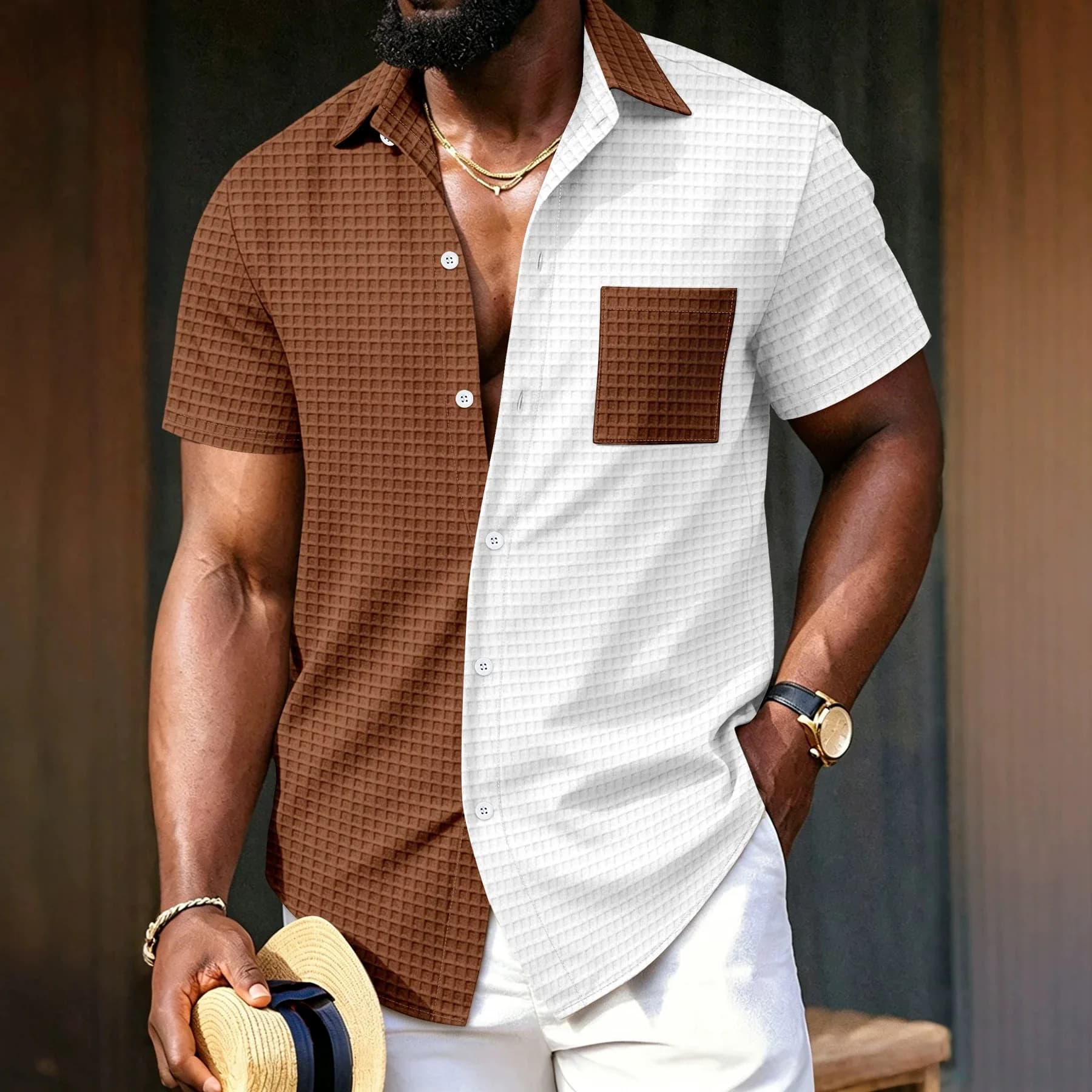 Summer Men Plaid Patchwork Shirt Casual Color Block Pocket Lapel Button Down Short Sleeve Loose Fashion Daily Wear Blouse