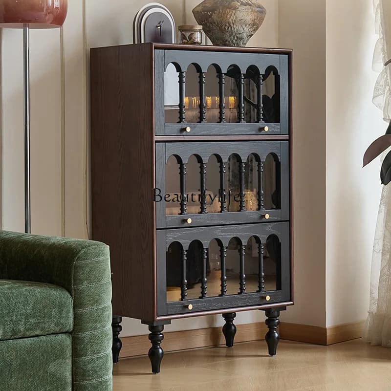French retro solid wood glass wine cabinet American small apartment living room against the wall medieval