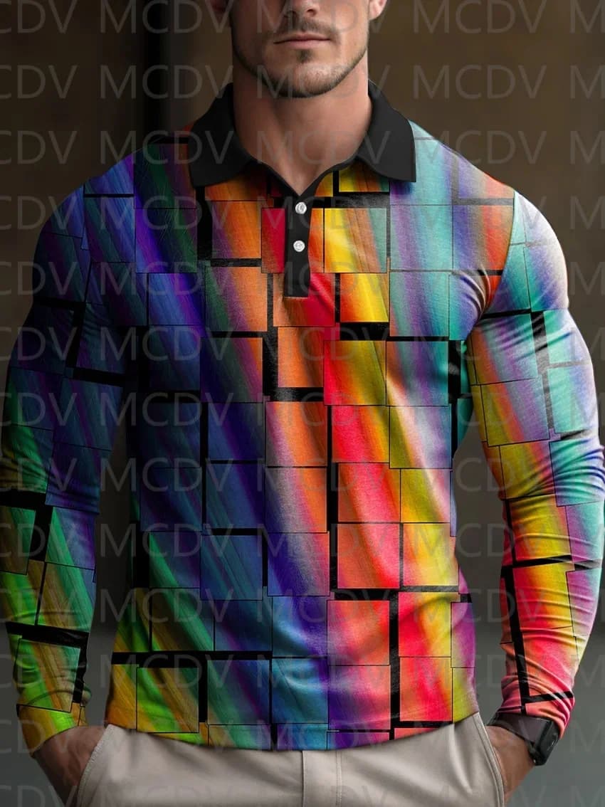 Men's Rainbow Gradient Art Print Buttons Long Sleeve Polo