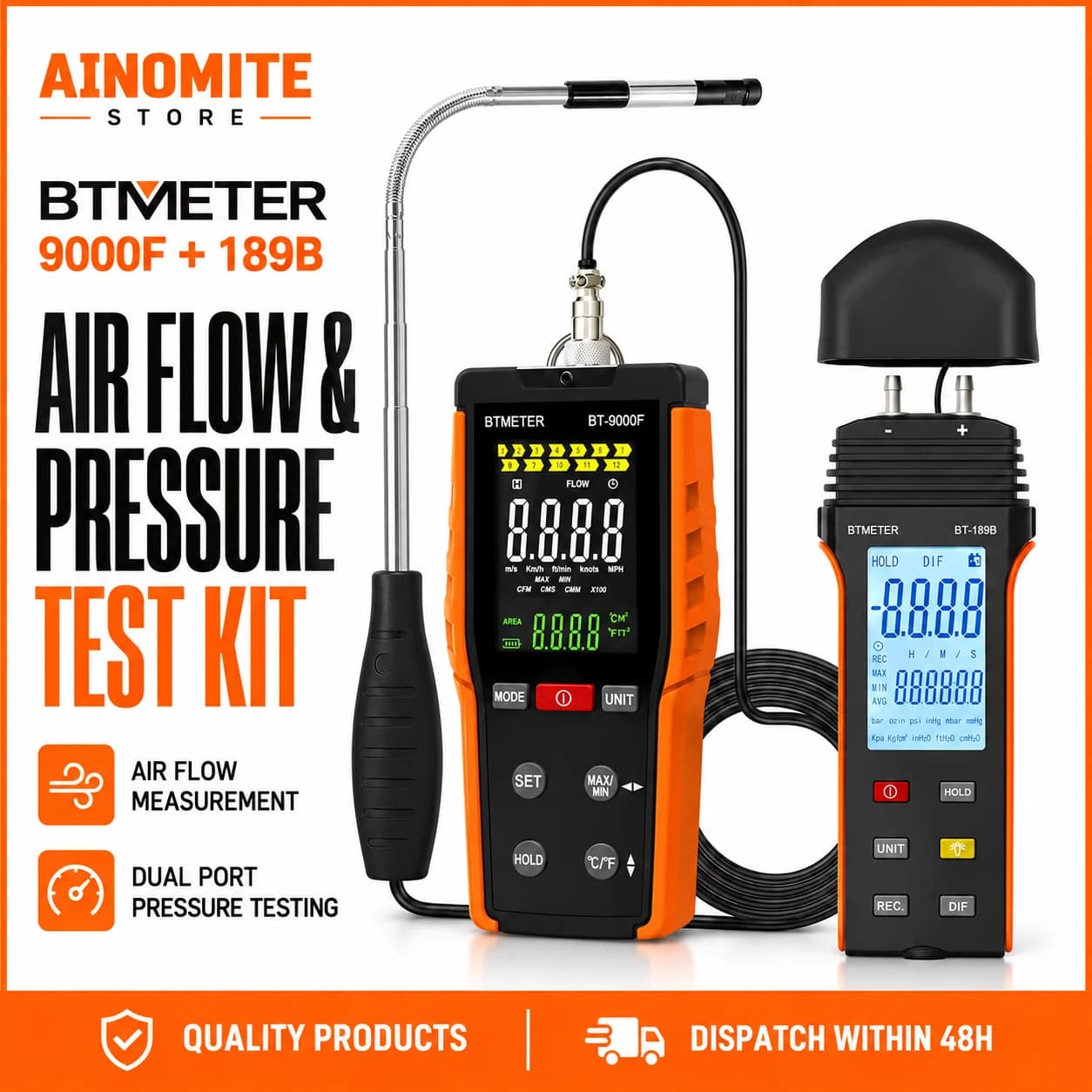 BTMETER Hot Wire Anemometer Manometer Kit, HVAC Airflow Gas Pressure Tester w/360° Swivel Probe LCD Backlight, 12 Units