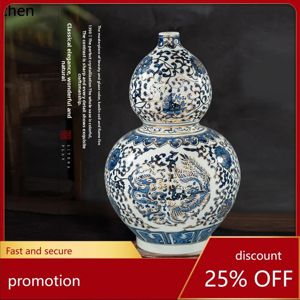 ZMLliving room Chinese vase hand-painted blue gold large porcelain vase flower arrangement decoration high-end ornament