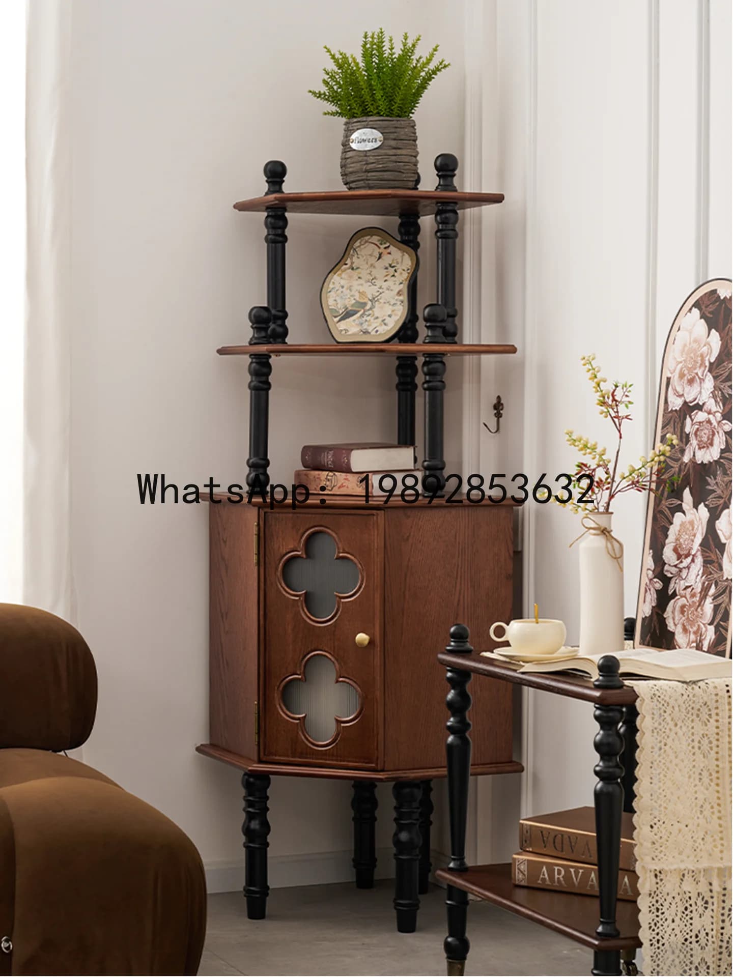 LYY French Vintage Style Solid Wood Corner Shelf American Retro Living Room Small Apartment Corner Display