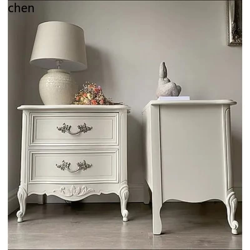 HT  Solid Wood Nightstand Oak White Distressed Vintage Carved Small Storage Cabinet for Master Bedroom