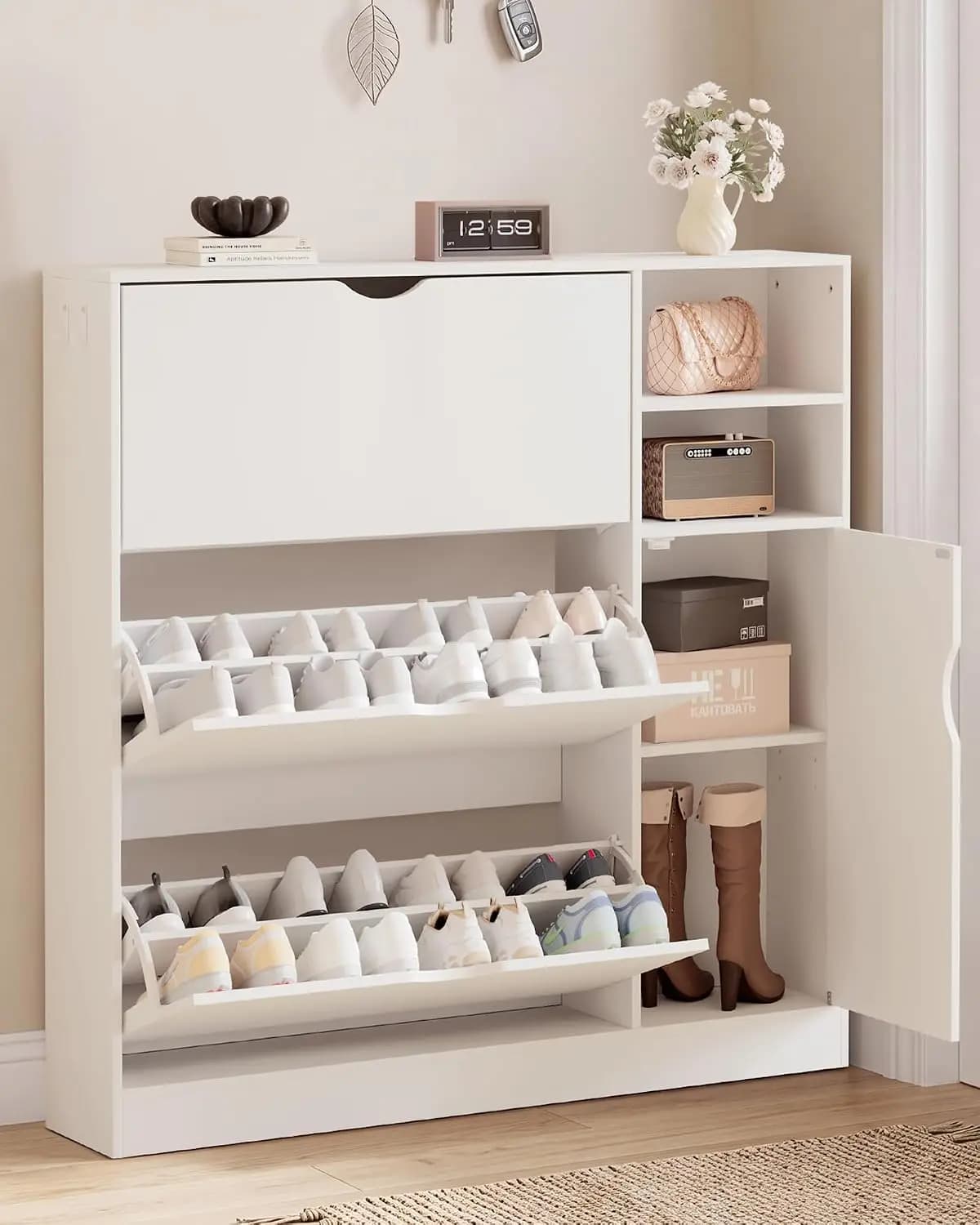 Shoe Cabinet for Entryway with 3 Flip Drawers, Narrow Shoe Storage Cabinet, Hidden Slim Shoes Organizer with Adjustable Shelf