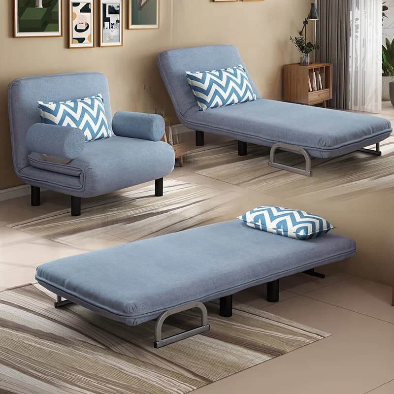 #Light Blue Linen Fabric 1 Seater Foldable SofaBed 2in1 Convertible with Rolled Armrests & Pillow Modern Small Space Living Room