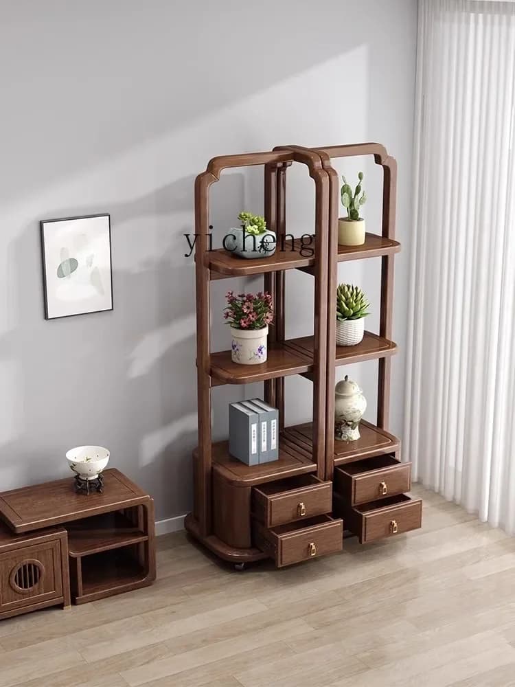 a20Solid Wood Flower Stand Living Room Interior Multi-Layer Storage Rack with Wheels Movable Balcony Outdoor Shelf