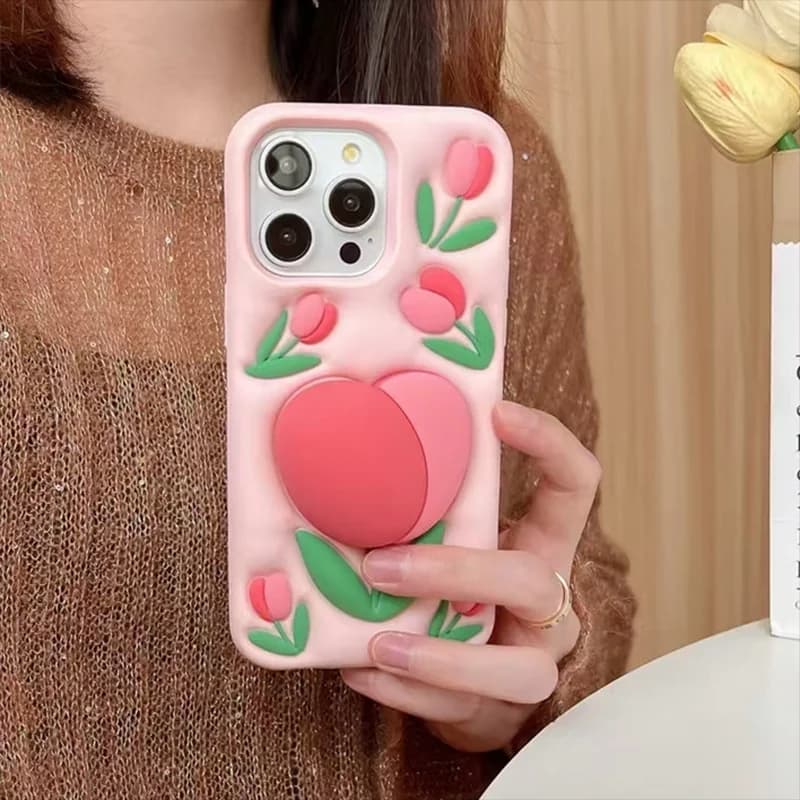 3D Stereo Tulip Peach Pink Silicone Phone Case For iPhone 16 15 14 13 Pro Max Cute Soft Shockproof Protective Cover