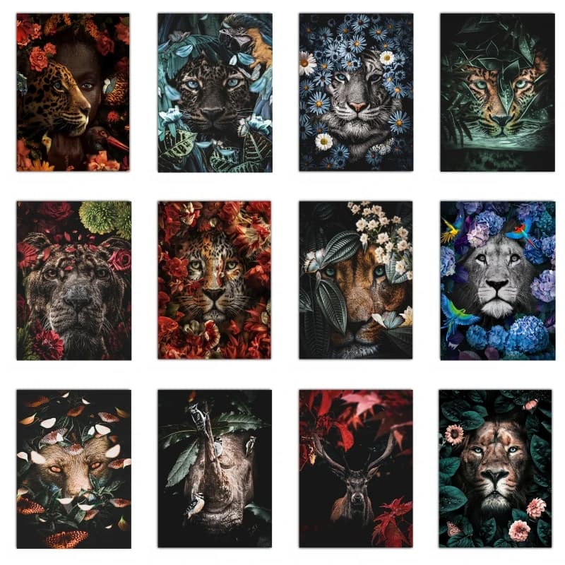 Jungle Animals Poster Flower Tiger Lion Panther Canvas Painting Modern Pictures Prints Home Decor Wall Art Murals Unframed
