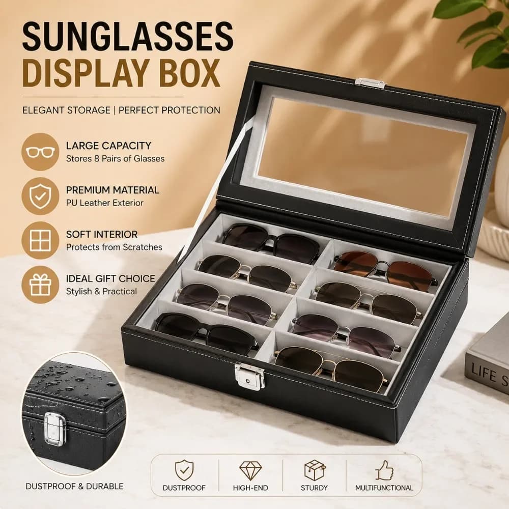 Leather Multi Sunglasses Organizer for Women Men, Eyeglasses Eyewear Display Case with 8 Slots, Jewelry Watch Organizer