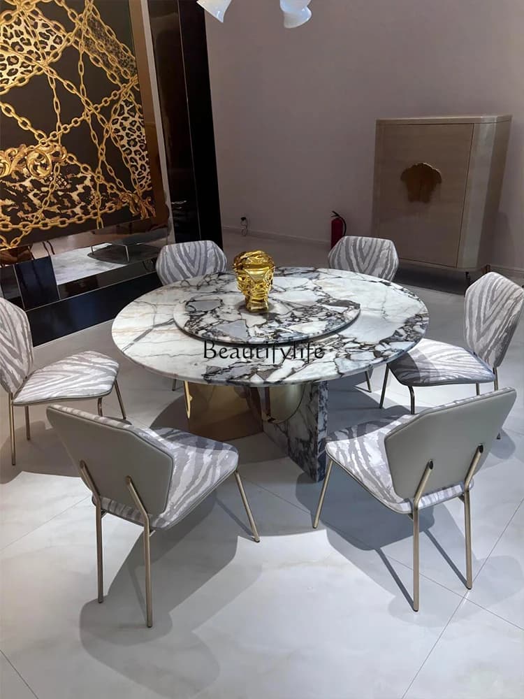 Italian light luxury stainless steel marble round dining table and chair combination with turntable high luxury customization