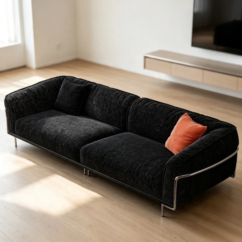 Modern style chenille fabric sofa with simple black cushions