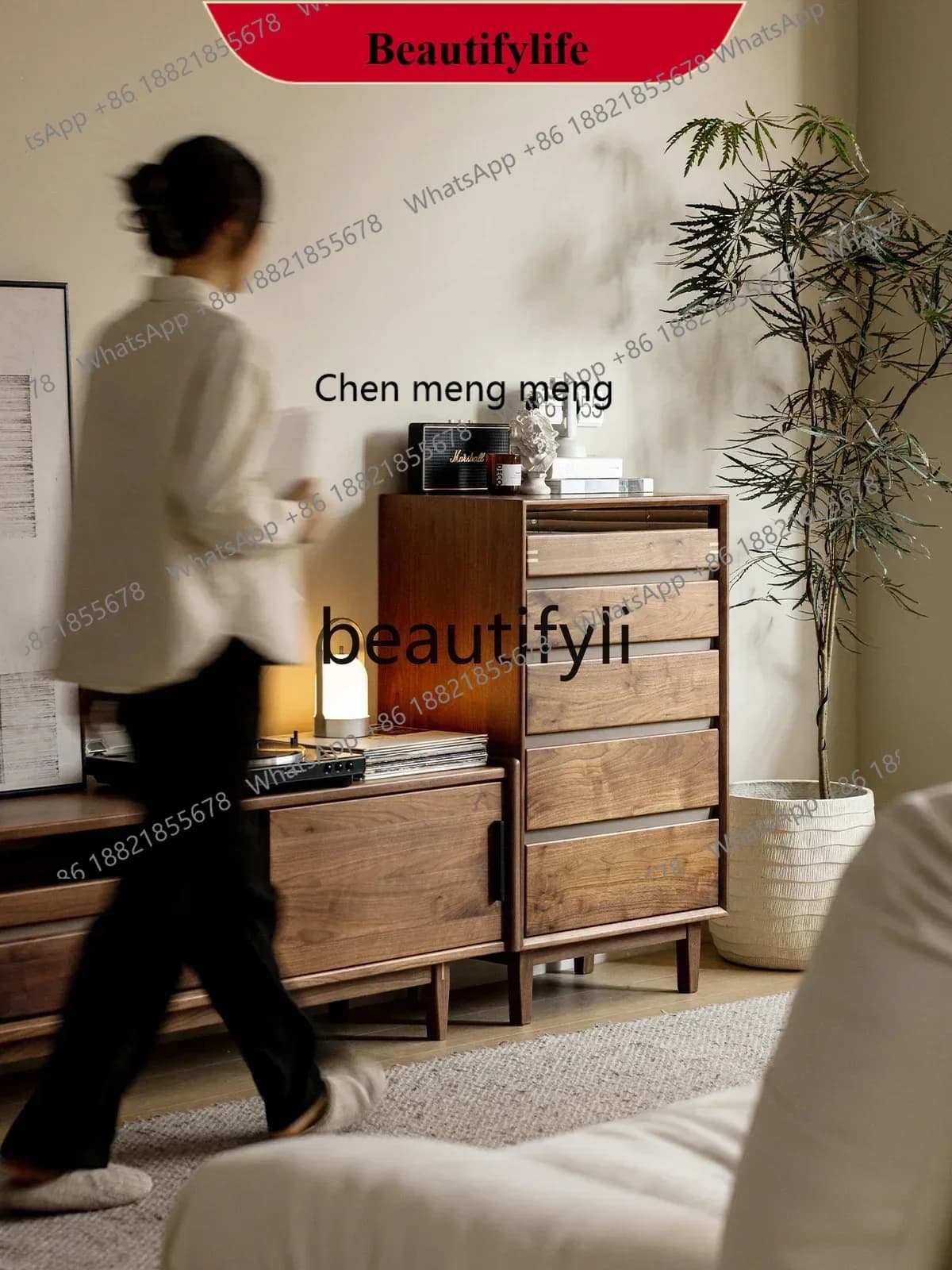 a26 All solid wood chest of drawers, living room, bedroom, drawer, locker, Nordic black walnut storage chest of drawers