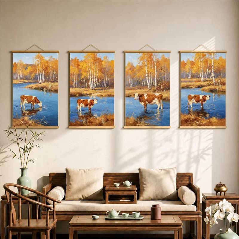 Wall Art Brown Cow in Autumn Birch Forest and Quiet River, Rustic Silver Shimmer Canvas Hanging Scroll for Farmhouse Living Room