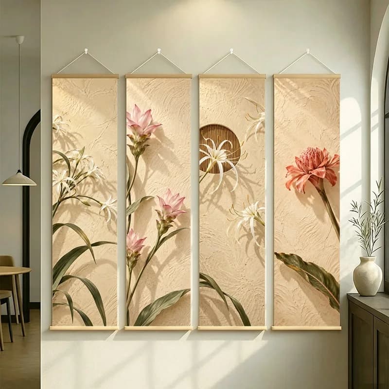 Wall Decor Torch Ginger and Siam Tulip, Natural Wabi-Sabi Botanical Silver Shimmer Canvas Hanging Scroll for Yoga Studio