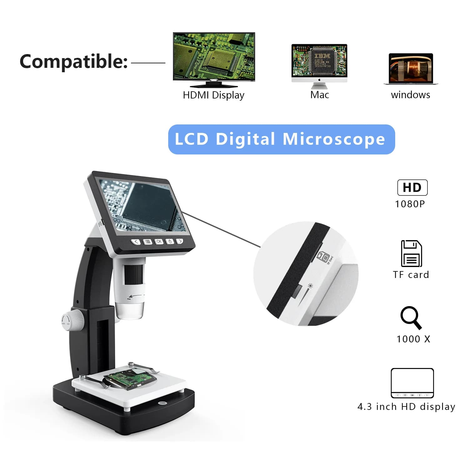 50-1000X HDMI Digital Microscope with 4.3Inch Screen for Repair Hair Skin PCB Industrial Inspection Tools