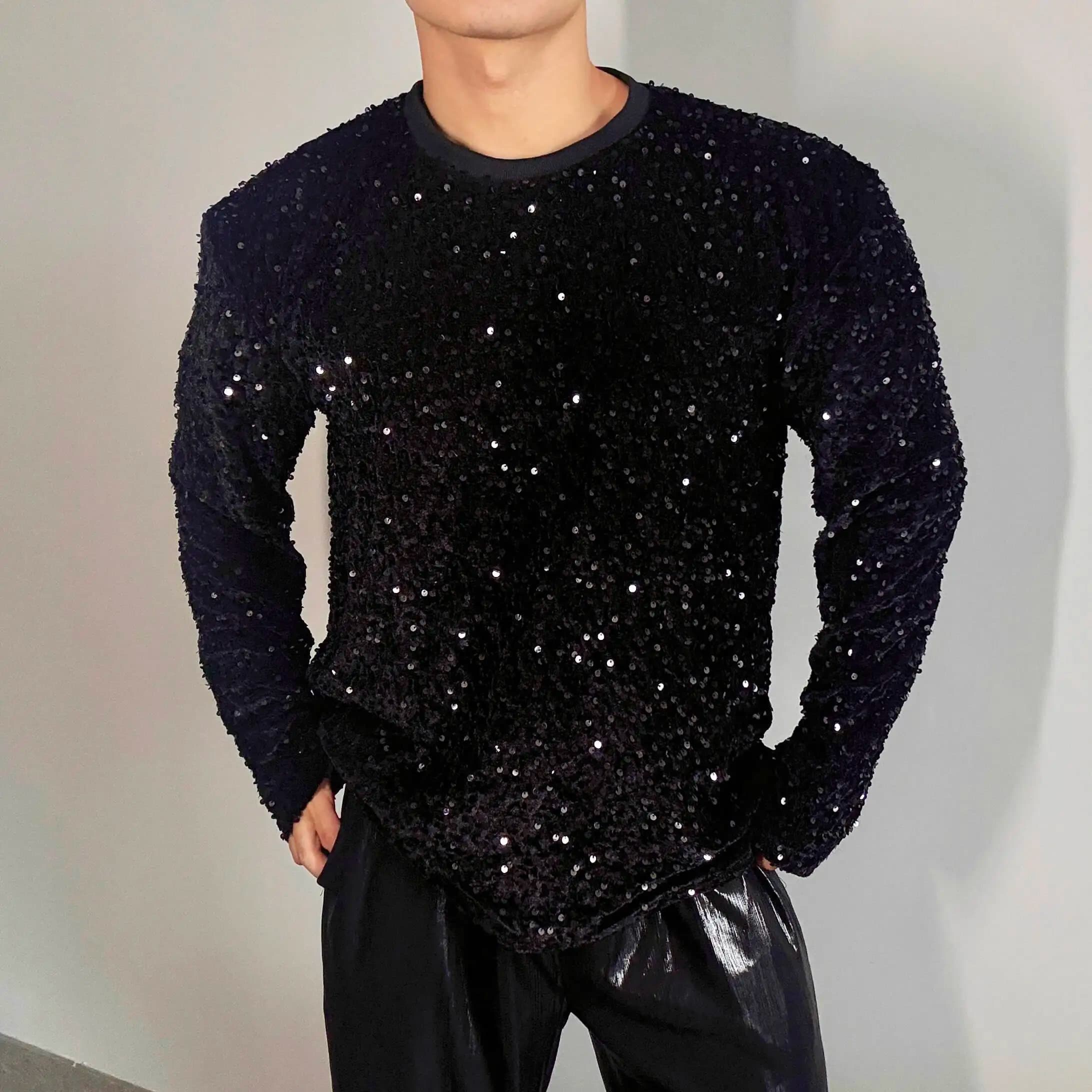 Autumn Winter Black Sequin Glitter Men Shirt Long Sleeve Shirts Casual Fashion Vintage Streetwear