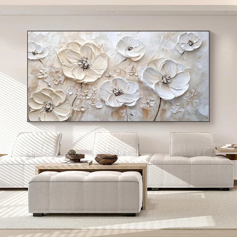 Abstract Blossom Textured Painting,White Floral Canvas Print Poster, Flower Landscape Art Home Decor For Living Room,No Framed
