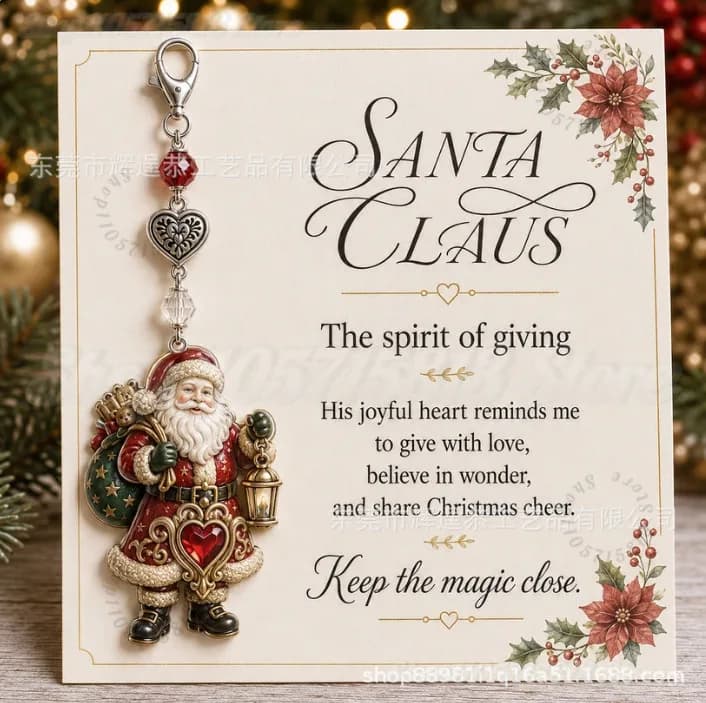 Vintage Christmas Resin Keychain With Inspirational Keepsake Greeting Card, Retro Santa Snowman Reindeer Pendant, Holiday Gift
