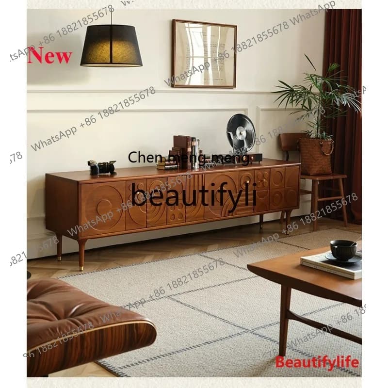 cn8350 ss Creative Vintage Solid Wood TV Cabinet Carved French Retro Style Living Room Audiovisual Side Cabinet Design Furniture