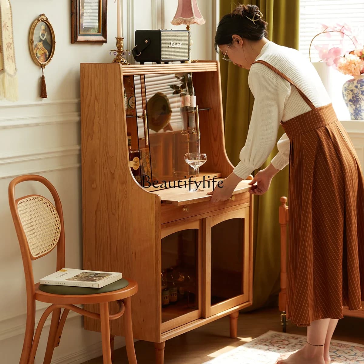 01Retro storage wine cabinet living room home cherry wood solid wood wall storage cabinet