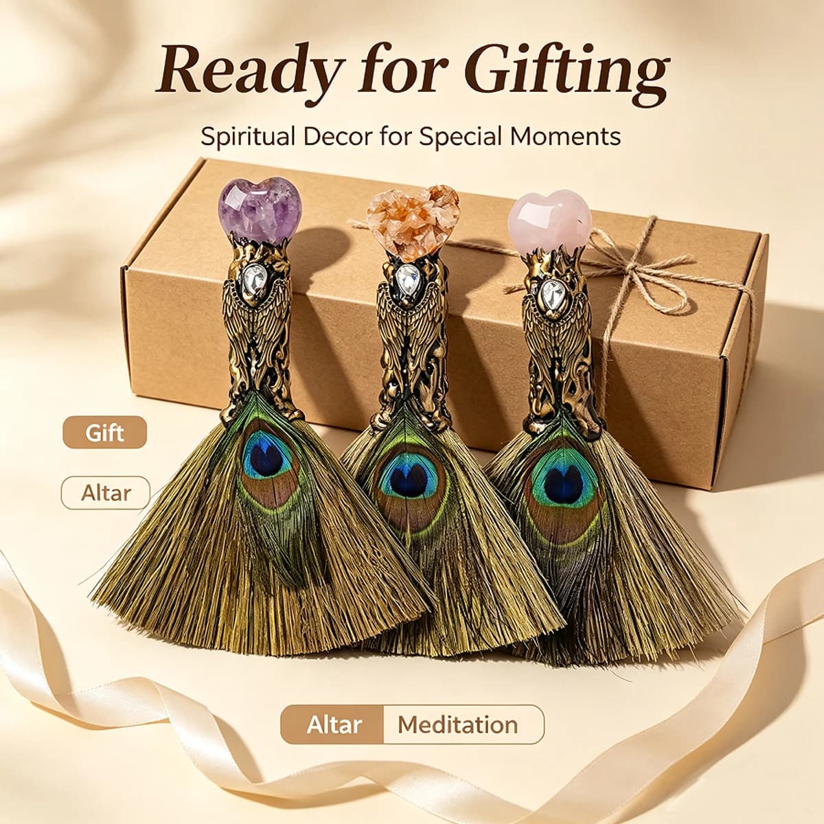 1PC Heart Shaped Crystal Magic Witch Broom, Natural Amethyst Mini Broomstick, Spiritual Divination & Energy Cleansing Ornament,