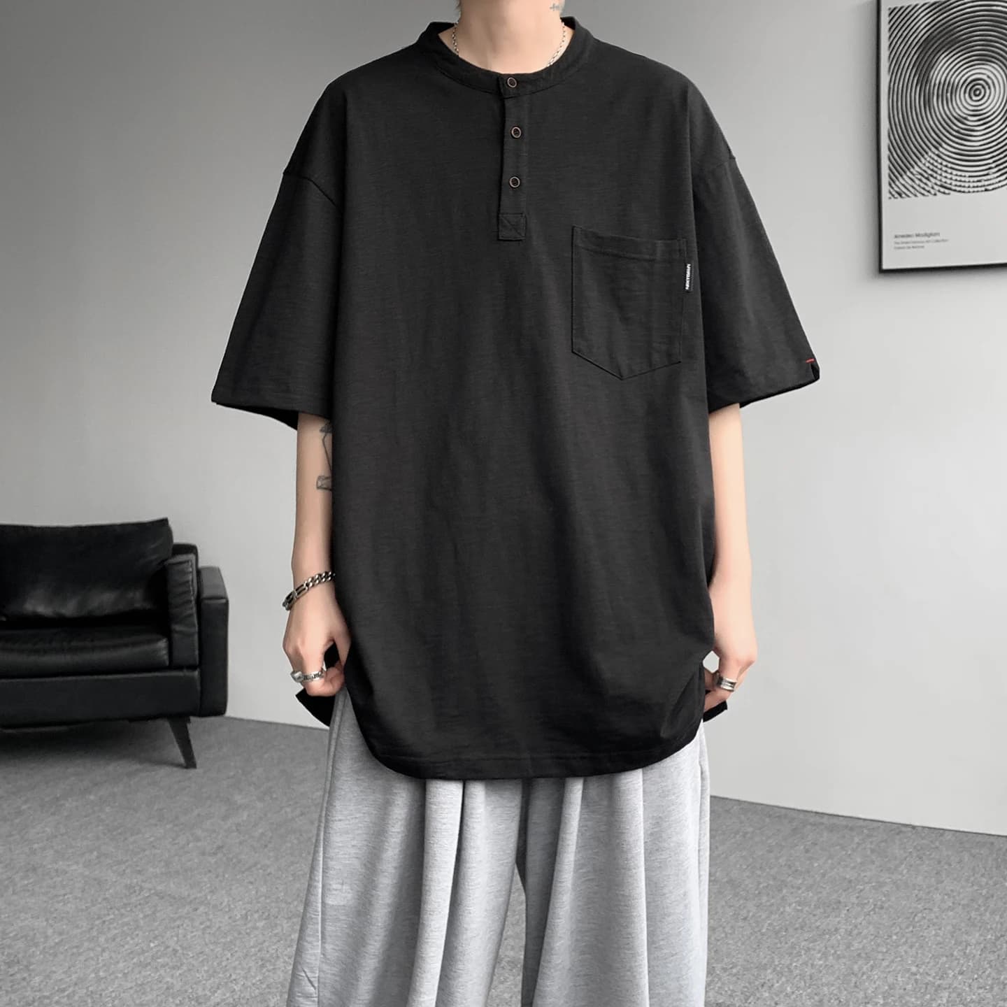 2026 Summer Men's Henry Collar Linen Short-Sleeved T-Shirt - Stretch Large Size Loose Half-Sleeve Hem Design T-Shirt