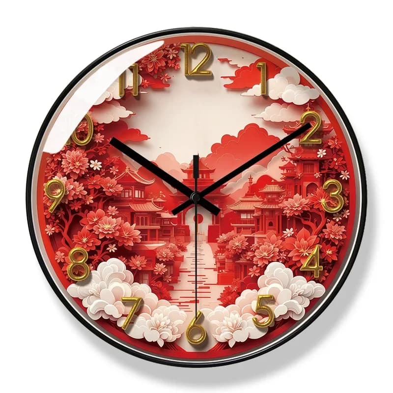 2026 New 10/12/14-inch Red Fire Ancient Building Wall Clock Fashion Retro Creative Home Living Room Mute Quartz Clock Watch
