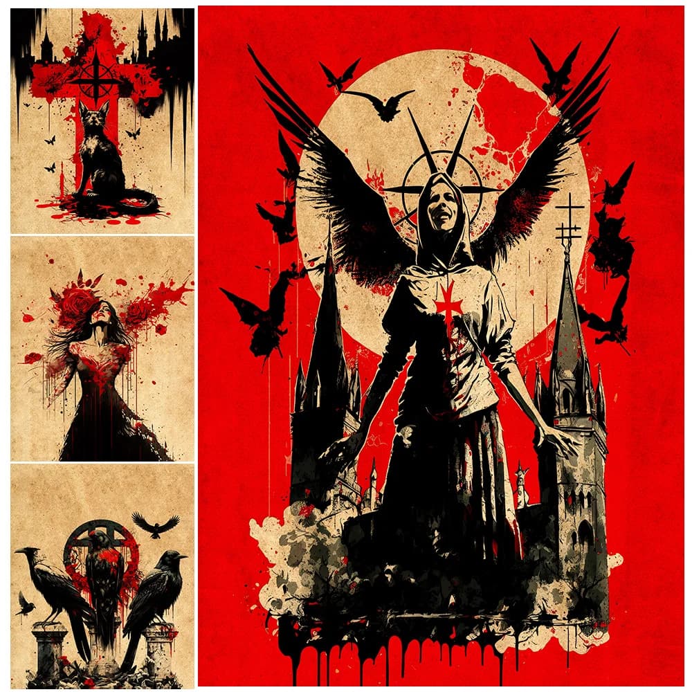 Hell Nuns,Witches,Black Cats,Crows Vintage Art Poster And Print Decor Creepy Demon Art Canvas Painting Wall Art Print Unframed