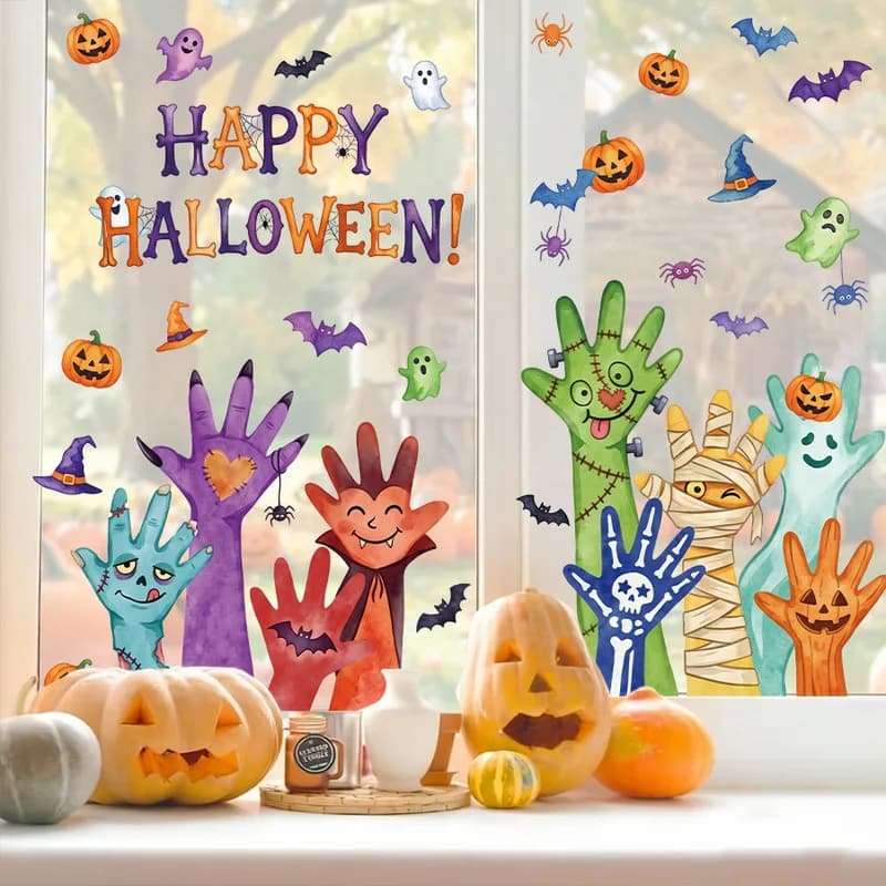 Watercolor Monster Paw Halloween Window Clings, Happy Halloween Glass Stickers, Festive Storefront Decor For Party