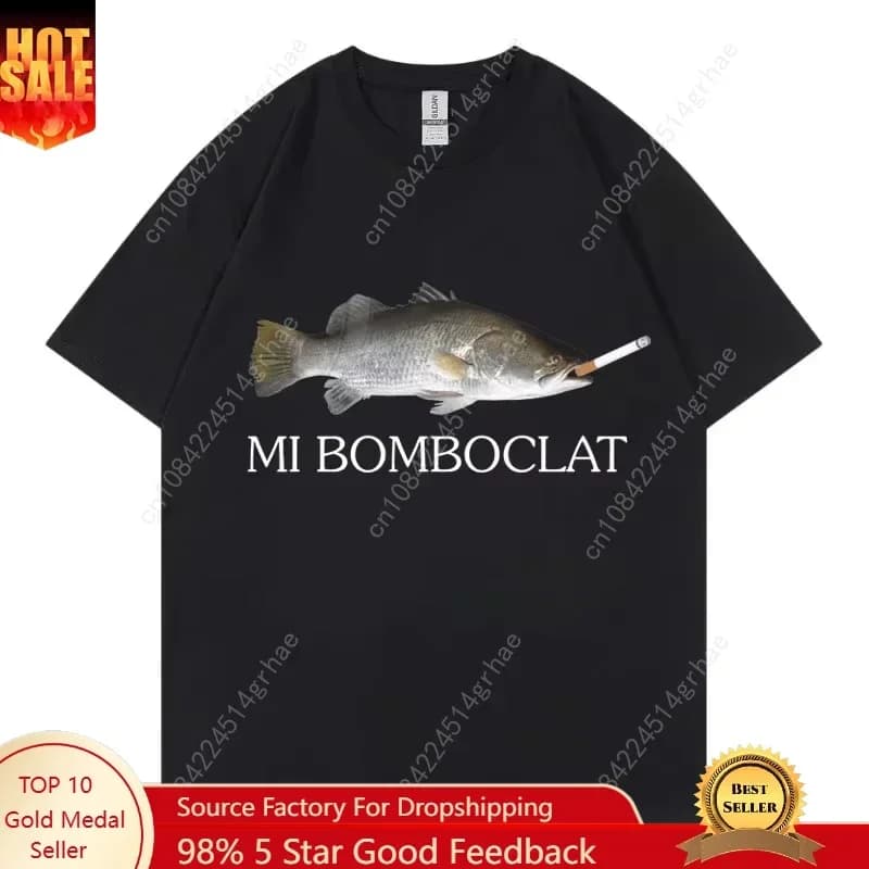 Funny Bomboclat Fish Meme T-shirt High Street Fashion Trend Y2k Short Sleeve T-shirts Men Women Harajuku Vintage Style T Shirts
