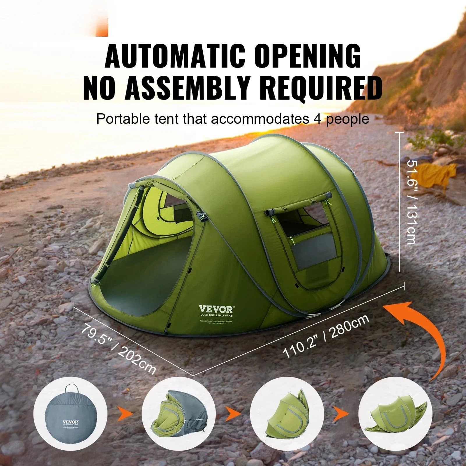 4 Person Pop Up Tent Waterproof Easy Setup Backpacking Tent With Door And Window For Outdoor Family Camping