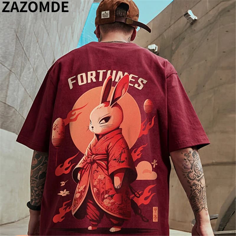 ZAZOMDE 2023 Summer 100% Cotton Samurai Rabbit Print T-shirt Male Sports Casual Oversized T-shirt Hip Hop Men Daily Tshirt Tees